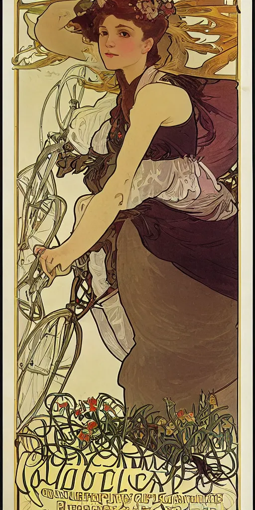 Image similar to a poster by Alphonse Mucha showing a woman riding a bicycle