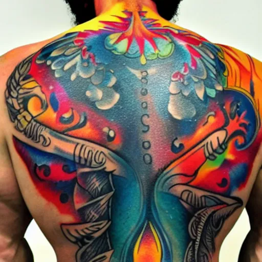 Image similar to a picture of my new back tattoo of a muscular back, bright colorful ink