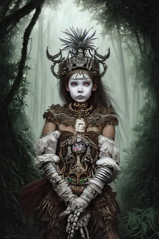 Image similar to A masterpiece ultrarealistic portrait of a Irristible angel princess tribal-shaman-knight-witch-ghost with Skull Iron mask. baroque renaissance girl in the night forest. medium shot, intricate, elegant, highly detailed. trending on artstation, digital art, by Stanley Artgerm Lau, WLOP, Rossdraws, James Jean, Andrei Riabovitchev, Marc Simonetti, Yoshitaka Amano. background by James Jean and Gustav Klimt, light by Julie Bell, 4k, porcelain skin.