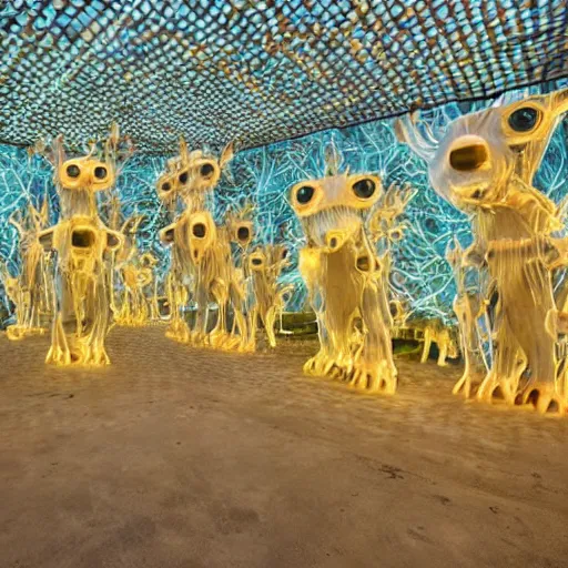 Image similar to A beautiful art installation of a group of creatures that looks like a mix of different animals. Most of the creatures have human-like features, such as arms and legs, and some are standing upright while others are crawling or flying. flax, blue hour by Pipilotti Rist geometric