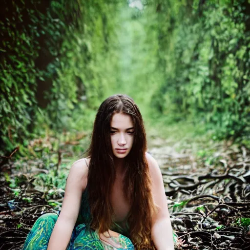 Image similar to , a girl covered in vines sitting on a rock 5 0 mm lens, f 1. 4, sharp focus, ethereal, emotionally evoking, head in focus, volumetric lighting, blur dreamy outdoor,