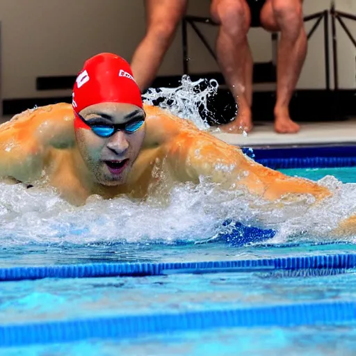 Prompt: a man finishing the 100 meter swim in record time