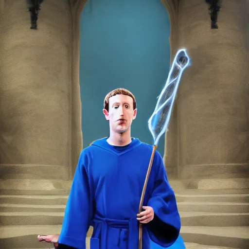 Prompt: Mark Zuckerberg as a wizard wearing blue robes, a blue pointed wizard hat and holding a magic staff, highly detailed, high quality, HD, 4k, 8k, Canon 300mm, professional photographer, 40mp, lifelike, top-rated, award winning, realistic, sharp, no blur, edited, corrected, trending