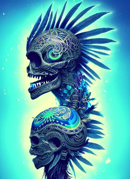 Image similar to 3 d shaman with tattoos profile portrait, sigma 5 0 0 mm f / 5. beautiful intricate highly detailed quetzalcoatl skull and feathers. bioluminescent, gradient background, plasma, frost, water, wind, creature, thunderstorm! artwork by tooth wu and wlop and beeple and greg rutkowski, 8 k trending on artstation,