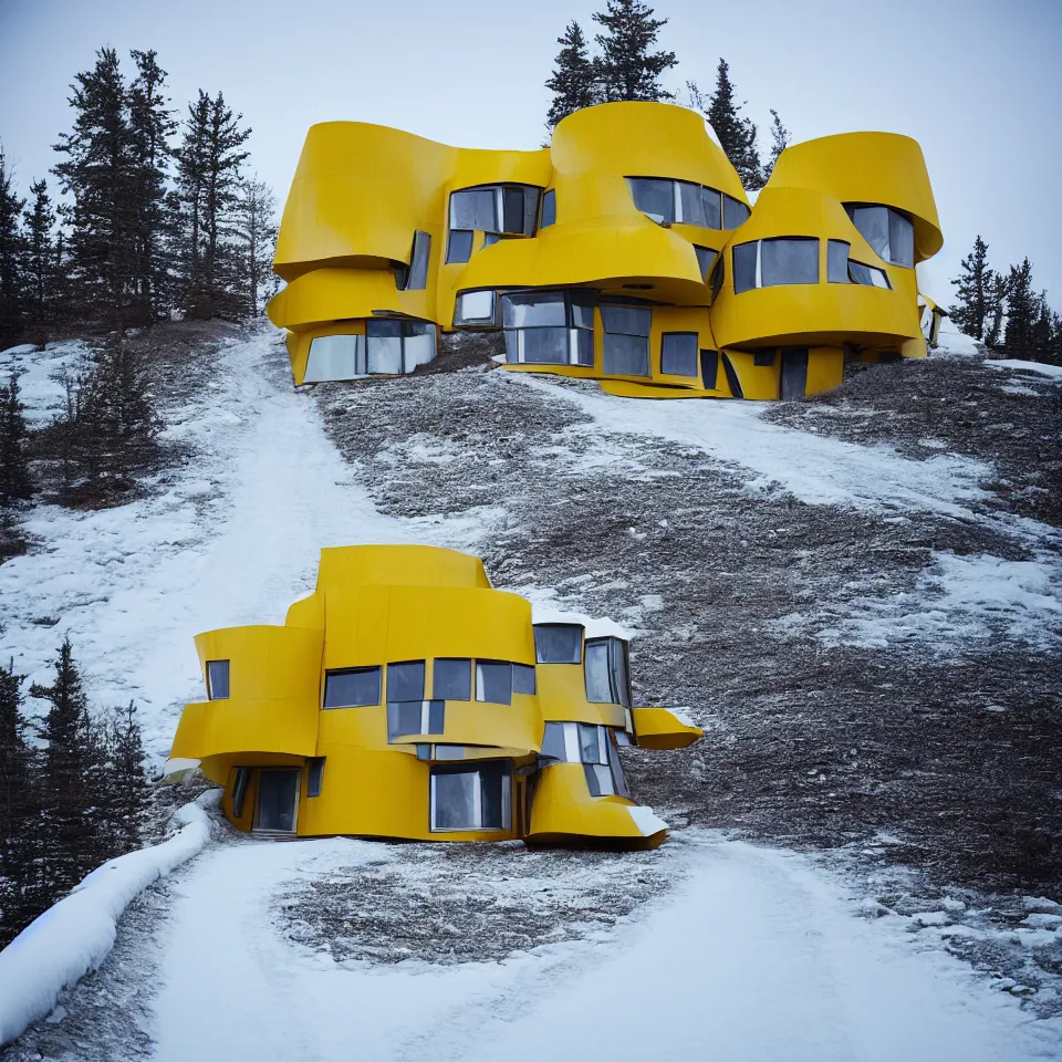 Prompt: a road leading to a mid-century modern house with large windows on top of a cliff in the arctic, covered with snow, designed by Frank Gehry. Big tiles. Film grain, cinematic, yellow hue