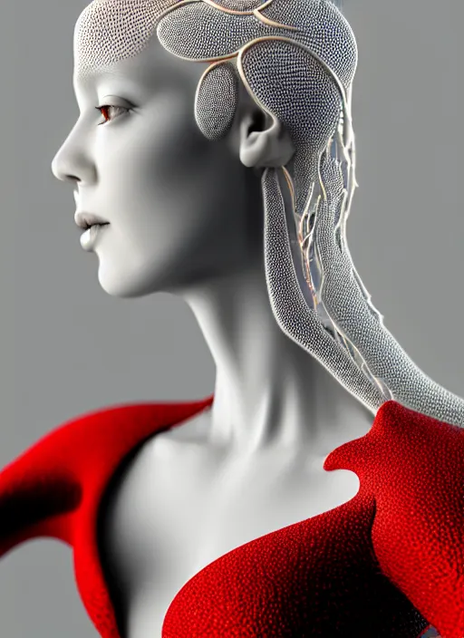 Prompt: complex 3d render ultra detailed of a beautiful porcelain profile young woman face, biomechanical cyborg, 200 mm lens, volumetric lighting, beautiful studio soft light, rim light, silver white gold red details, magnolia big leaves achromatic and stems, roots, fine foliage lace, mesh wire, Alexander Mcqueen high fashion haute couture, art nouveau fashion embroidered, intricate details, hyper realistic, ultra detailed, mandelbrot fractal, anatomical, facial muscles, cable wires, microchip, elegant, octane render, H.R. Giger style, 8k post-production, trending on Artstation