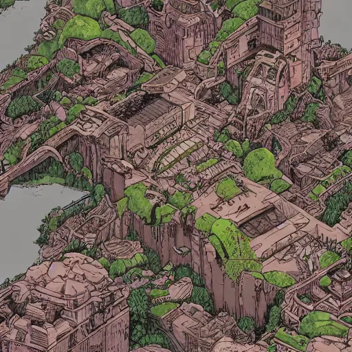 Image similar to cell shaded adult animation, a birds eye view overlooking a walled off ancient fantasy city being attacked by horrific monsters, surrounded by mountains and trees of greens and browns, rivers, concept art by josan gonzales and wlop, Laurie Greasley, Jordan Grimmer, Beksiński and james jean, highly detailed, sharp focus, Trending on Artstation, HQ, deviantart, art by artgem