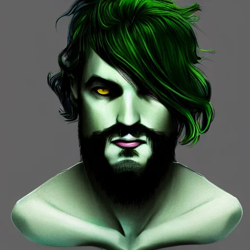 Image similar to portrait of a man with green hair, with eyes that look like a clock, trending on artstation