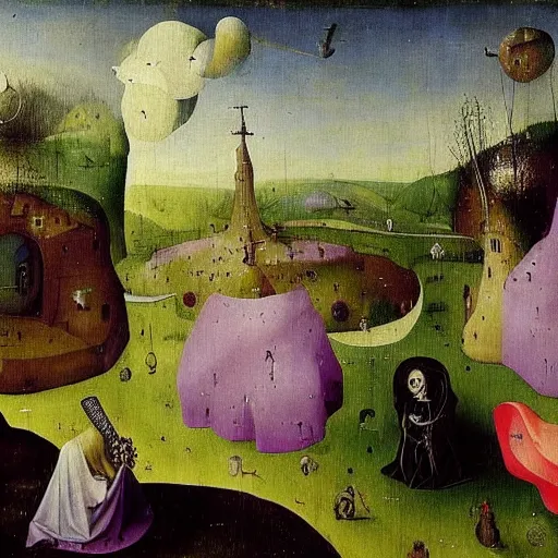 Prompt: ethereal, multi-dimensional landscape, lavender, detailed painting by Hieronymus Bosch