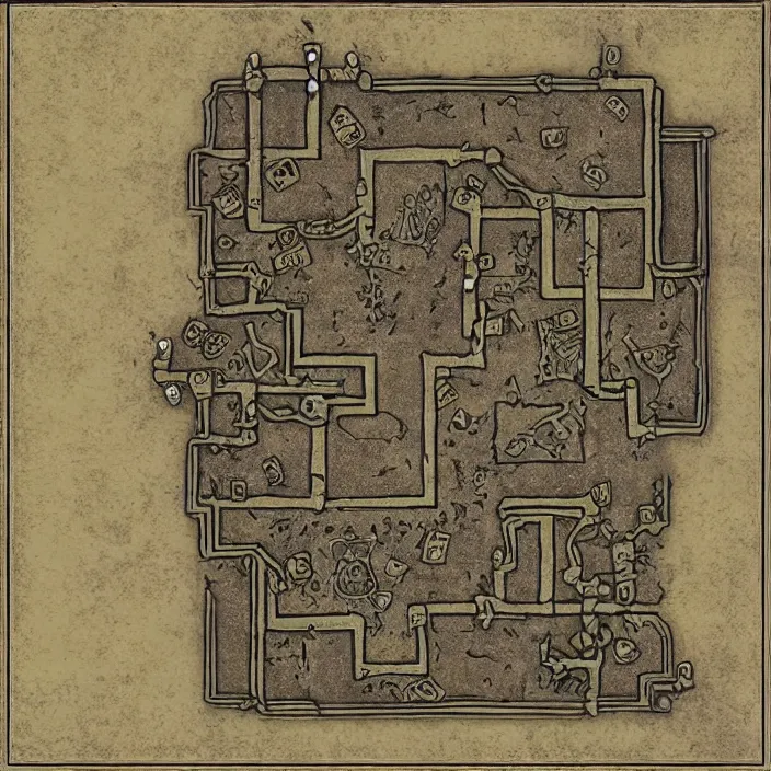 Prompt: dungeon map by dysonlogos, nine rooms, map of osr dungeon, 1 0 foot, map of tomb of horror, high resolution