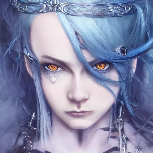 Image similar to portrait of a ranni the witch from elden ring, blue hair, baroque style, elegant, beautiful, mesmerizing, concept art, highly detailed, artstation, behance, deviantart, inspired by innocent manga, inspired by castlevania concept art, trending, ayami kojima, shinichi sakamoto