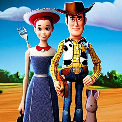 Image similar to american gothic in the style of toy story