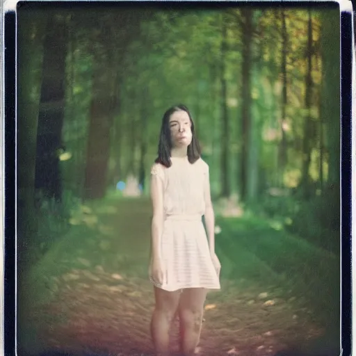 Image similar to a young woman is posing for a picture, a polaroid photo, petzval lens. featured on flickr, art photography, photo taken with provia, photo taken with ektachrome