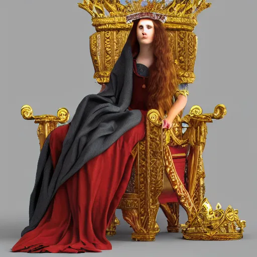 Image similar to Regal fiery bird, sitting on a throne with a crown on her head, Pre-Raphaelite, matte painting, trending on artstation