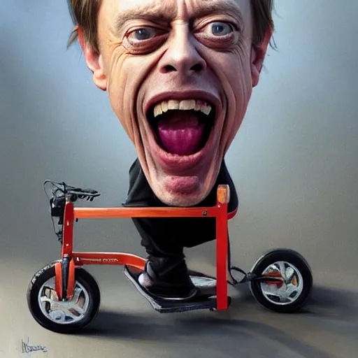 Prompt: hyper realistic absurd, silly, making insane faces, steve buscemi riding a tiny tricycle, painted by greg rutkowski, wlop, artgerm