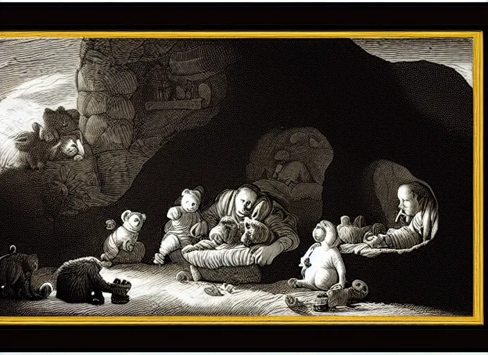 Prompt: Pieter Claesz's 'bear and her cubs sleeping in a dark cave lit by campfire', night time, cross hatching, framed