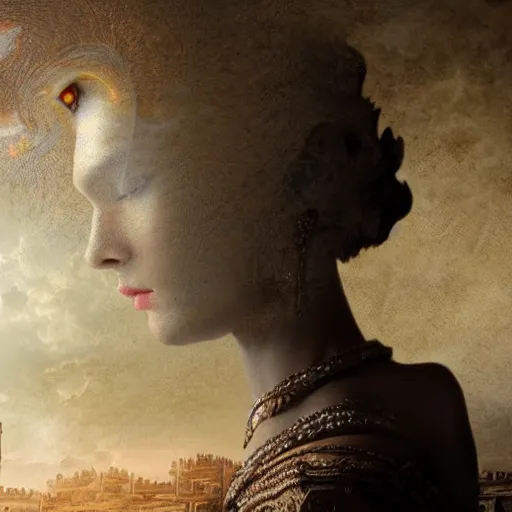 Image similar to double exposure portrait of a beautiful short dark haired feminine queen looking away, over the desertic city of a thousand temples, by leonard de vinci, digital art