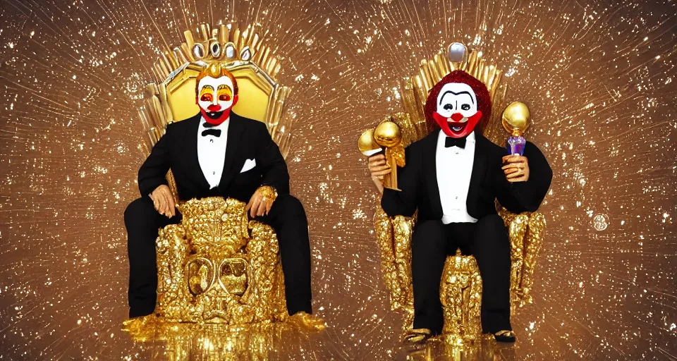 Image similar to shining majestic throne made of millions of diamonds, gold and zaphires with thousands of light reflections, and a clown on a tuxedo suit is sitting on the throne while handing a golden globe, cartoon style, dramatic light