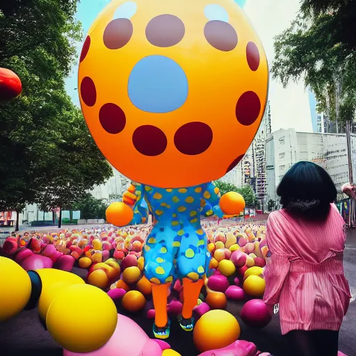 Image similar to daft, ridiculous, joyous, yayoi kusama being chased by a giant ballon dog, nendroid, during golden hour. extremely silly in style of butcher billy.