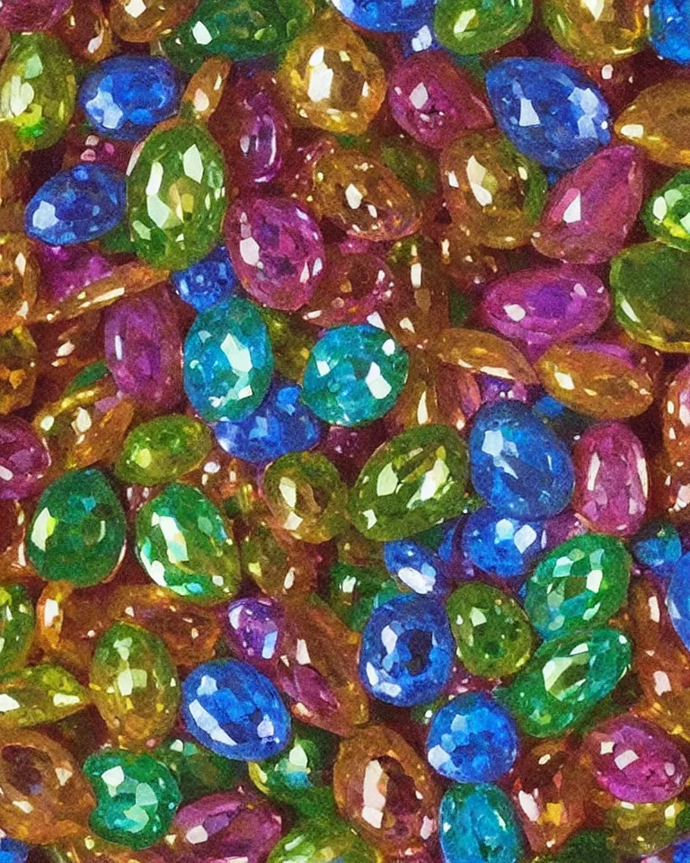 Prompt: “extreme close up print of tiny multi-colored gemstones by Raphael, Hopper, and Rene Magritte. Achingly beautiful, detailed, enchanting, romantic, trending on artstation”