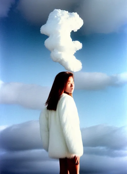 Prompt: realistic photo portrait of the common female student wearing white shorts, dressed in white long fur coat, face is hidden, there is a cloud in the middle 1 9 9 0, life magazine photo