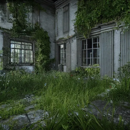 Image similar to outside a derelict victorian house, garden in front of house is overgrown and walls are crumbling down, moss and ivy cover the walls ray traced unreal 5, ultra details