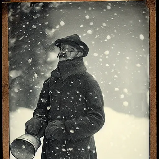 Image similar to a man holds a lantern, snowstorm, cold, vintage photo