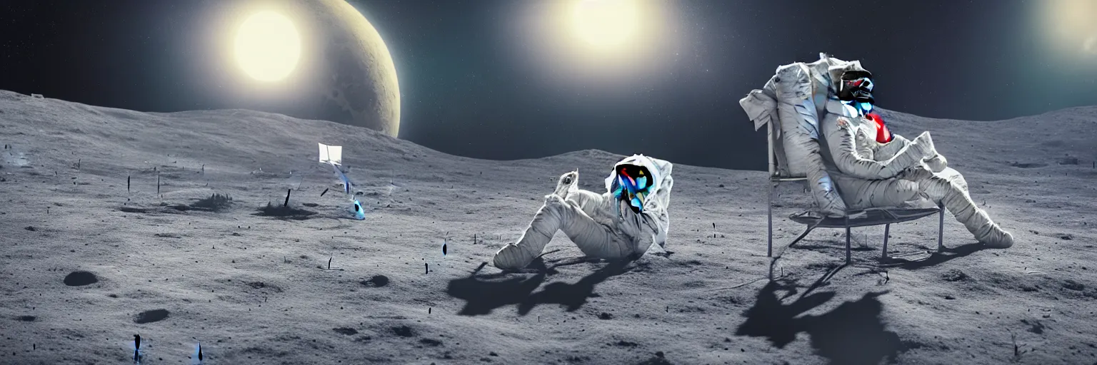 Prompt: A highly photographic render of astronaut on the Moon, sitting on a lawn chair reading a book facing planet Earth, rim lighting, cinematic lighting, octane engine, photo realistic image, 4K, super detailed, cinematic look