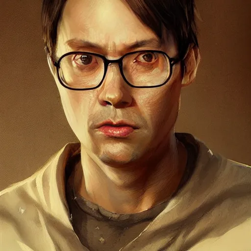 Image similar to hyper realistic, portrait of dwight shrute, ethnicity : japanese, painted by greg rutkowski, wlop, loish,