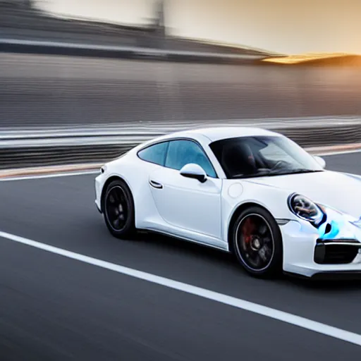 Image similar to “white 2018 porsche 911 racing down a highway, golden hour photograph, car photography, 4k professional photo”