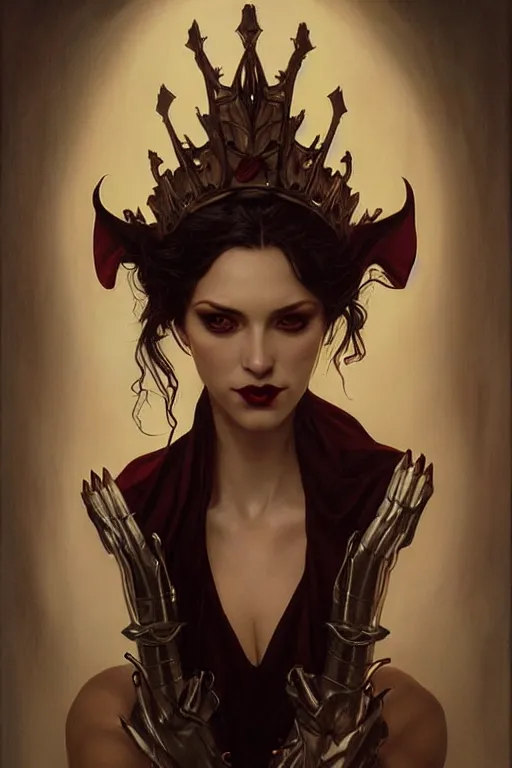 Image similar to portrait of a queen vampire, dark, piercing eyes, gentle expression, elegant clothing, photorealistic, highly detailed, artstation, smooth, sharp focus, art by michael whelan, artgerm, greg rutkowski and alphonse mucha