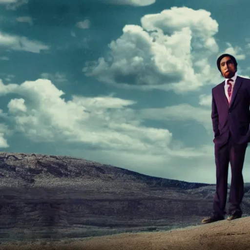Prompt: Raj Koothrappali as Saul Goodman, promo poster, clouds in the background, cinematic light, 35 mm, film grain, movie, realistic