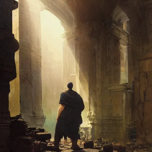 Image similar to half portait of magican wearing a closed cowl and big old book! chained to the wrist, jeremy mann, jean leon gerome, tiepolo, alphonse mucha, greg rutkowski, face in the shadows, ( ( ruins of ancient rome ) ), at dusk, mysterious atmosphere, sunrays, dof, high detailed, 8 k