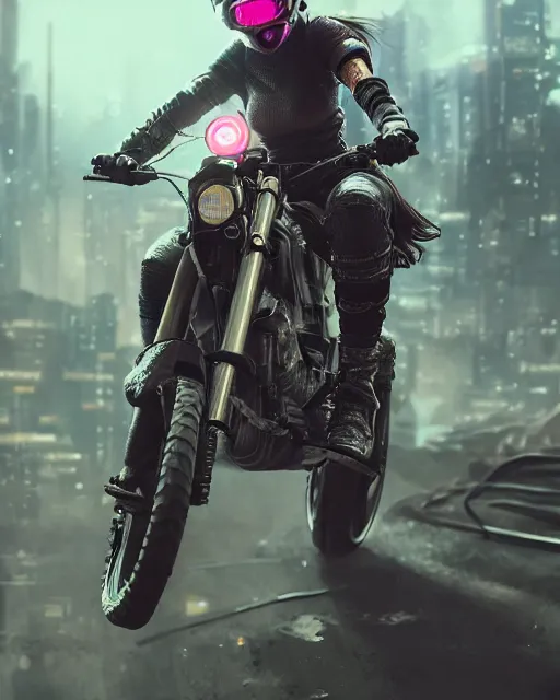 Image similar to girl wearing cyberpunk intricate streetwear riding dirt bike, respirator, detailed portrait, cell shaded, 4 k, concept art, by wlop, ilya kuvshinov, artgerm, krenz cushart, greg rutkowski, pixiv. cinematic dramatic atmosphere, sharp focus, volumetric lighting, cinematic lighting, studio quality