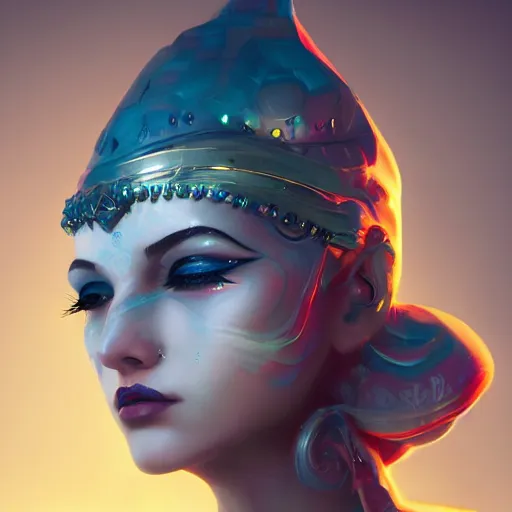 Image similar to beautiful futuristic goddess of jesters wearing a costume head piece and makeup, 8k resolution digital painting, cool cinematic lighting, DeviantArt Artstation, by Jason Felix and Ross Tran and Alessio Albi and Marta Syrko and WLOP