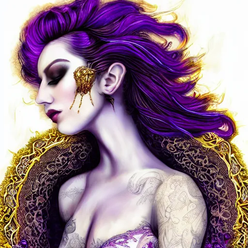 Prompt: beautiful young woman, with purple and gold fire hair, wearing a lace dress with jewels, full colors background, full of detail, majestic, organic, dark fantasy, rotten, sinister, macabre, crazy detailed and complex, super detailed, 8K, 4k,