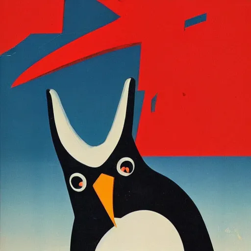 Image similar to a Soviet propaganda poster for Linux featuring a penguin