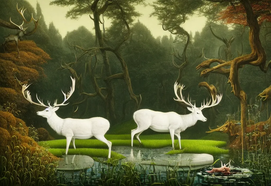 Prompt: hyper detailed 3d render like a Oil painting - white stag drinking from a small pool in a peaceful lush meadow, by Jacek Yerka, Mariusz Lewandowski, Houdini algorithmic generative render, Abstract brush strokes, Masterpiece, Edward Hopper and James Gilleard, Zdzislaw Beksinski, Mark Ryden, Wolfgang Lettl, hints of Yayoi Kasuma, octane render, 8k