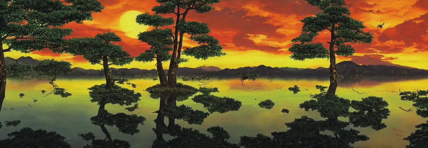 Image similar to escher painting of a lake, big trees reflecting on lake surface, mountains at background, fluffy clouds, sunset, yellow, green, red, snowy, ultra sharp, ultra detailed, cyberpunk, happy, uplifting, colorized by salvador