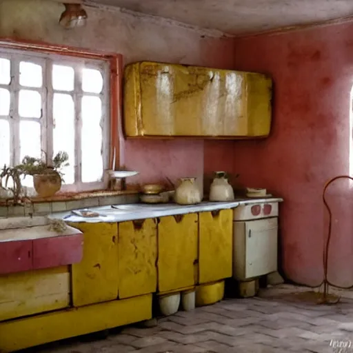 Image similar to typical soviet kitchen, vintage still, mild colours, ( ( ( foggy ) ) ), early morning, clear, sharp, highly detailed