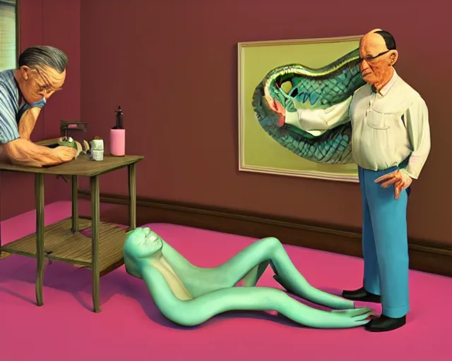 Image similar to the famous snake oil salesman Uncle Aloysius curing a patient of the pink wojacity, painting by Grant Wood, 3D rendering by Beeple, sketch by R. Crumb