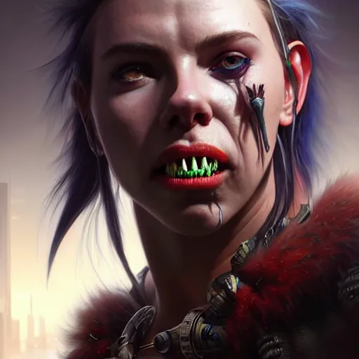 Image similar to portrait painting of a cyberpunk orc shaman extremely muscular ugly scarlett johansson with bad teeth, ultra realistic, concept art, intricate details, eerie, highly detailed, photorealistic, octane render, 8 k, unreal engine. art by artgerm and greg rutkowski and charlie bowater and magali villeneuve and alphonse mucha