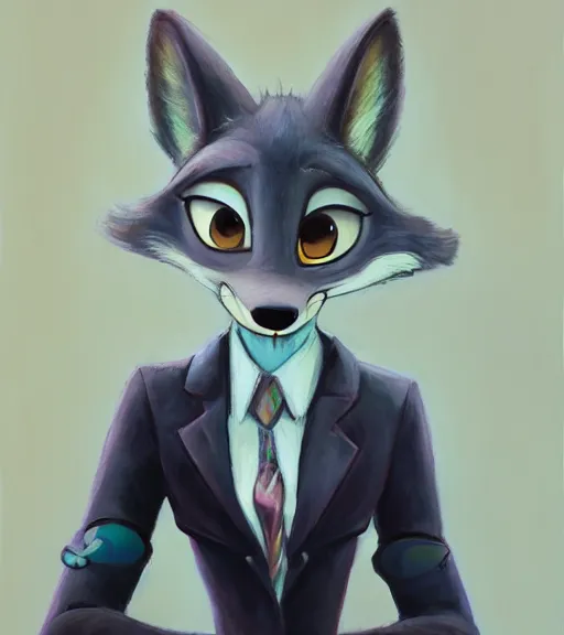 Image similar to oil painting of anthromorphic female wolf, in style of zootopia, zootopia, zootopia, fursona, furry, furaffinity, 4 k, deviantart, furry art, fursona art, wearing black business suit, business suit, in style of zootopia, wolf fursona, cyberpunk, female, expressive detailed feminine face,