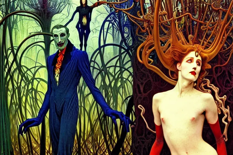 Image similar to realistic extremely detailed portrait painting of an elegantly creepy vampire man dressed as dracula, futuristic sci-fi forest on background by Jean Delville, Amano, Yves Tanguy, Alphonse Mucha, Ernst Haeckel, Edward Robert Hughes, Roger Dean, rich moody colours, blue eyes