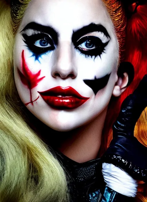 Prompt: portrait of Lady Gaga portraying a realistic Harley Quinn with little makeup in the movie Joker 2023, dramatic cinematic lighting, extremely detailed facial features, award winning photograph by Annie Leibovitz, 8k