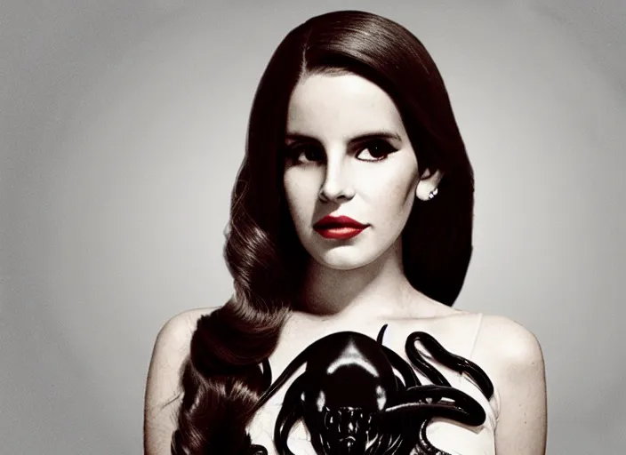 Image similar to still of a lana del rey with an alien facehugger on her face.