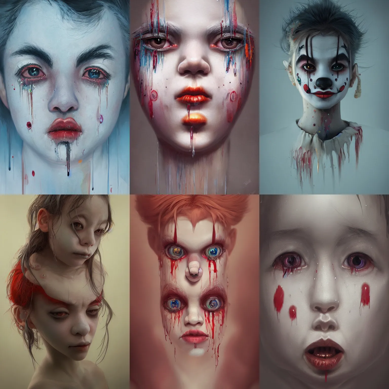 Image similar to breathtaking detailed painting of clown girl tears from eyes , with anxious, piercing eyes, art by Hsiao-Ron Cheng, Ja Miyazaki, extremely moody lighting, hyperrealistic, octane render, ambient light, dynamic lighting