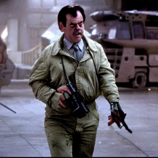 Image similar to del boy in aliens, epic quality, hard sci fi, dramatic, sharp focus, realistic, 4 k, dimly lit