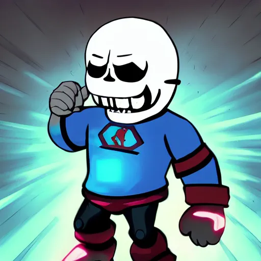 Prompt: super powerful sans, action pose, character portrait, undertale, fan art, alternate universe, epic, cool, awesome, digital art