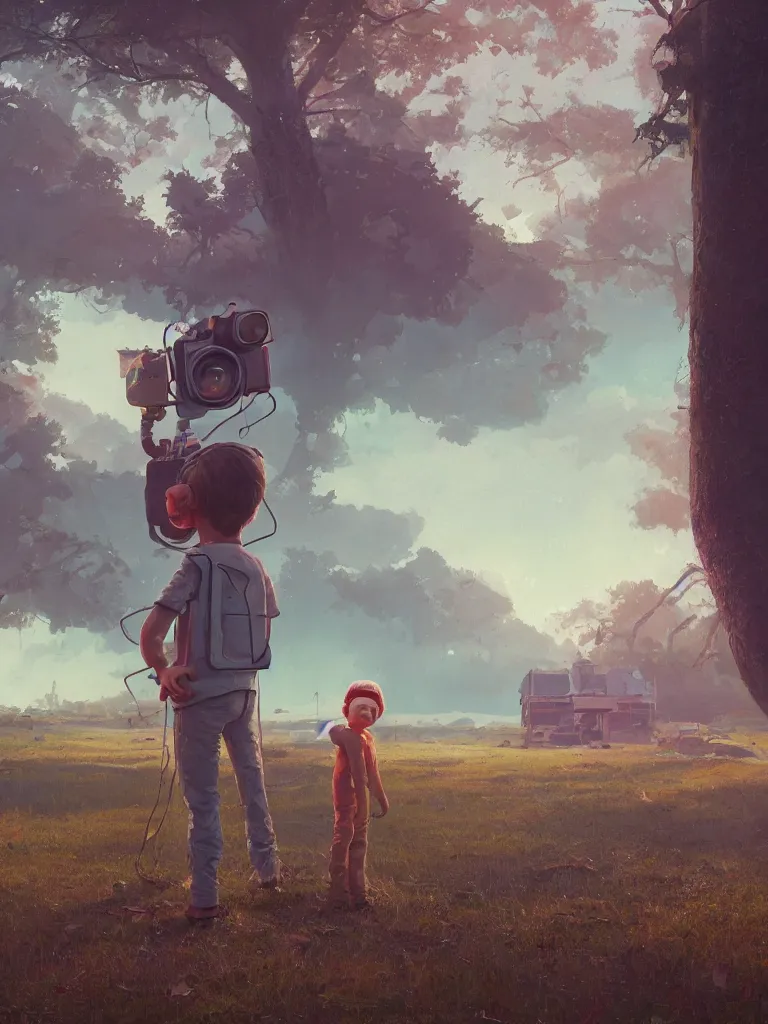 Image similar to a cute boy standing in the center of a painting from stalenhag, 4 k, 8 k, hdr, artstation, concept art